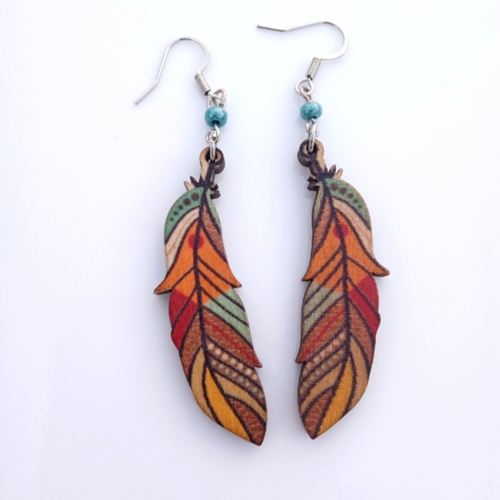 Boho Wooden Feather Dangle Earrings